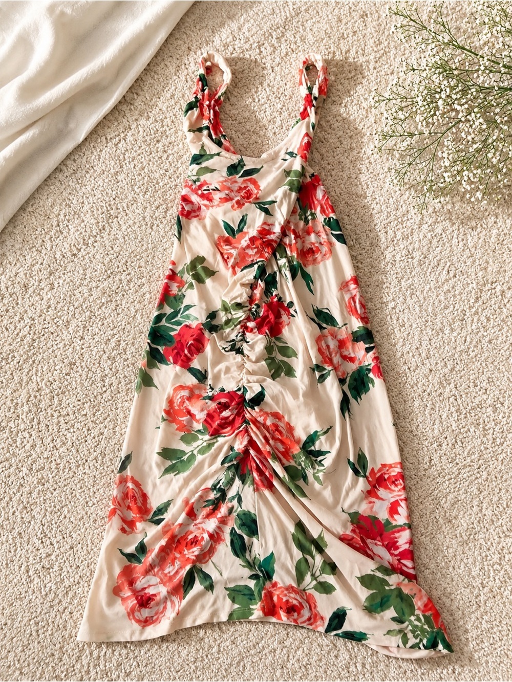 Cream Maxi Dress with Red Rose Print and Green Leaves